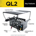 Dogtra QL2 Launcher is labeled with its key parts, including the mesh top, launcher basket, safety pin, latch, cradle bar, and solenoid box with cable