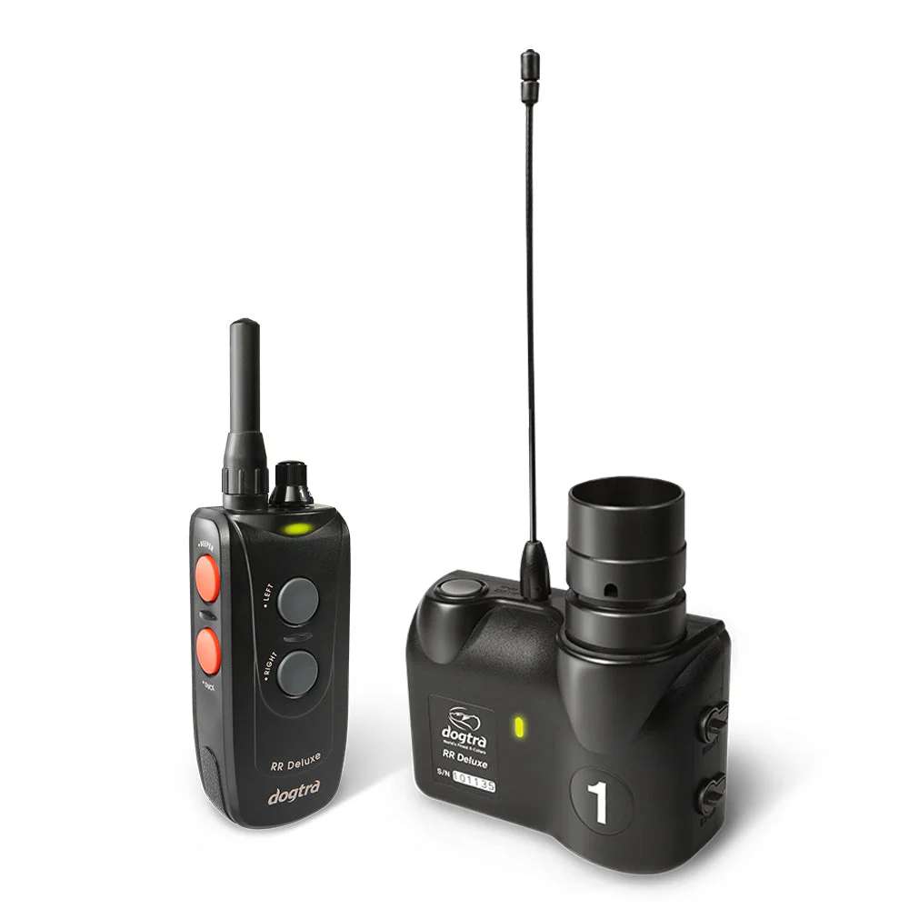 Dogtra RR Deluxe Remote Controller shown with its receiver unit, both black, compact, and equipped with antennas for remote dog training or release control