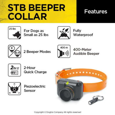 Dogtra STB Beeper Collar graphic highlights waterproof design, 400m range, quick charge, and use for dogs over 25 lbs