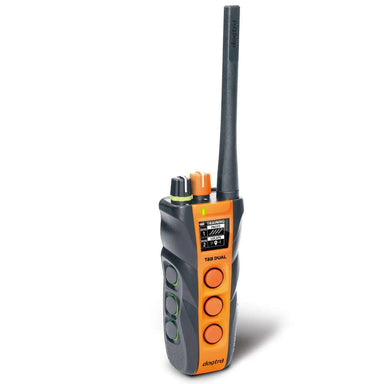 Dogtra T&B Dual Additional Transmitter is a handheld black and orange remote with a tall antenna, side buttons, top dials, and a small front display for dog training controls
