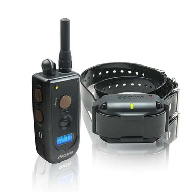 Product shot features Dogtra 2300NCP Expandable 3/4 Mile Dog Remote Trainer remote and collar side by side