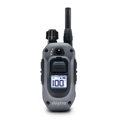 Dogtra X1 Additional Transmitter is a compact gray and black dog training remote with an antenna and a digital screen displaying 100