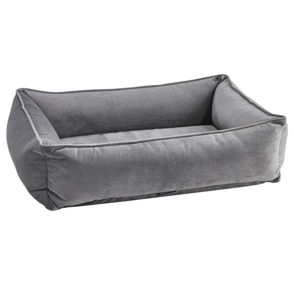 Dusk Bowsers Urban Lounger Dog Bed in smooth gray suede-like fabric with deep cushioned walls