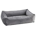Dusk Bowsers Urban Lounger Dog Bed in smooth gray suede-like fabric with deep cushioned walls