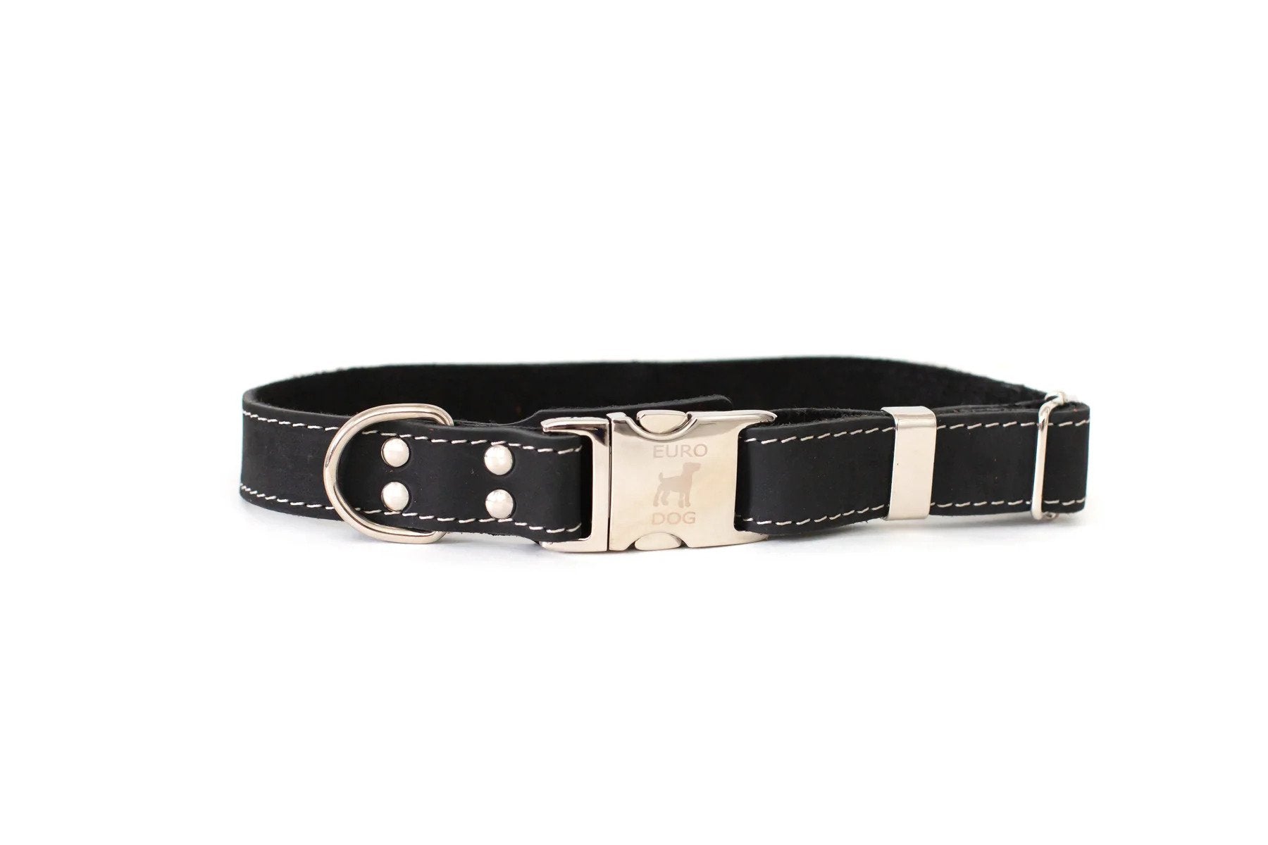 Eurodog Collars Soft Leather Metal Quick-Release Buckle Dog Collar Black