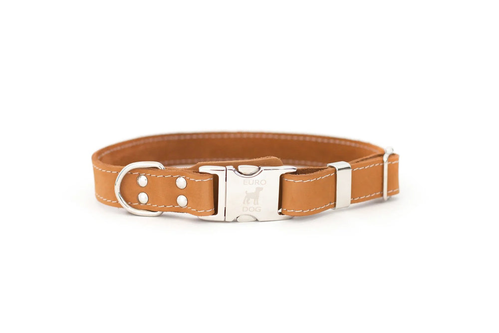 Eurodog Collars Soft Leather Metal Quick-Release Buckle Dog Collar Tan