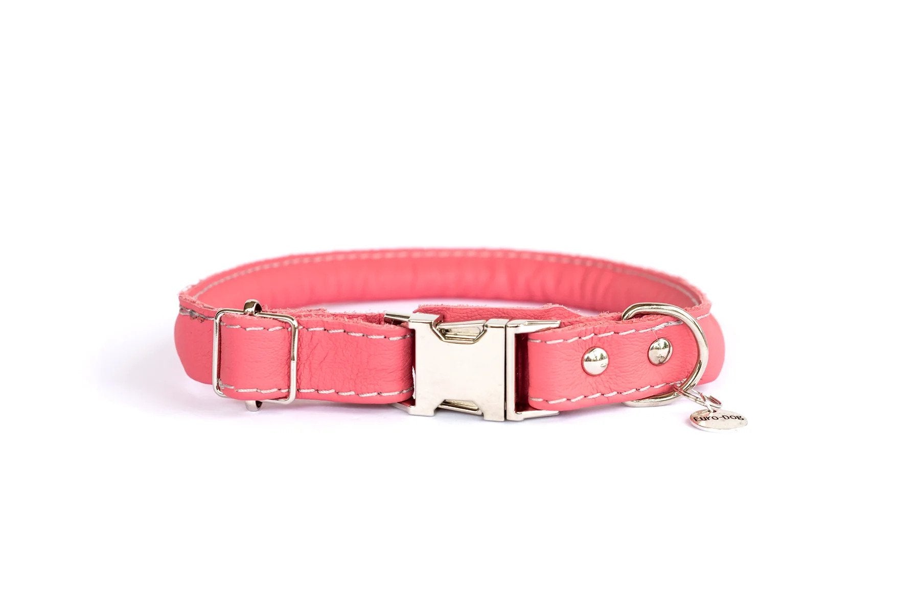 Eurodog Collars Soft Rolled Leather Quick Release Buckle Dog Collar Very Soft Coral Leather