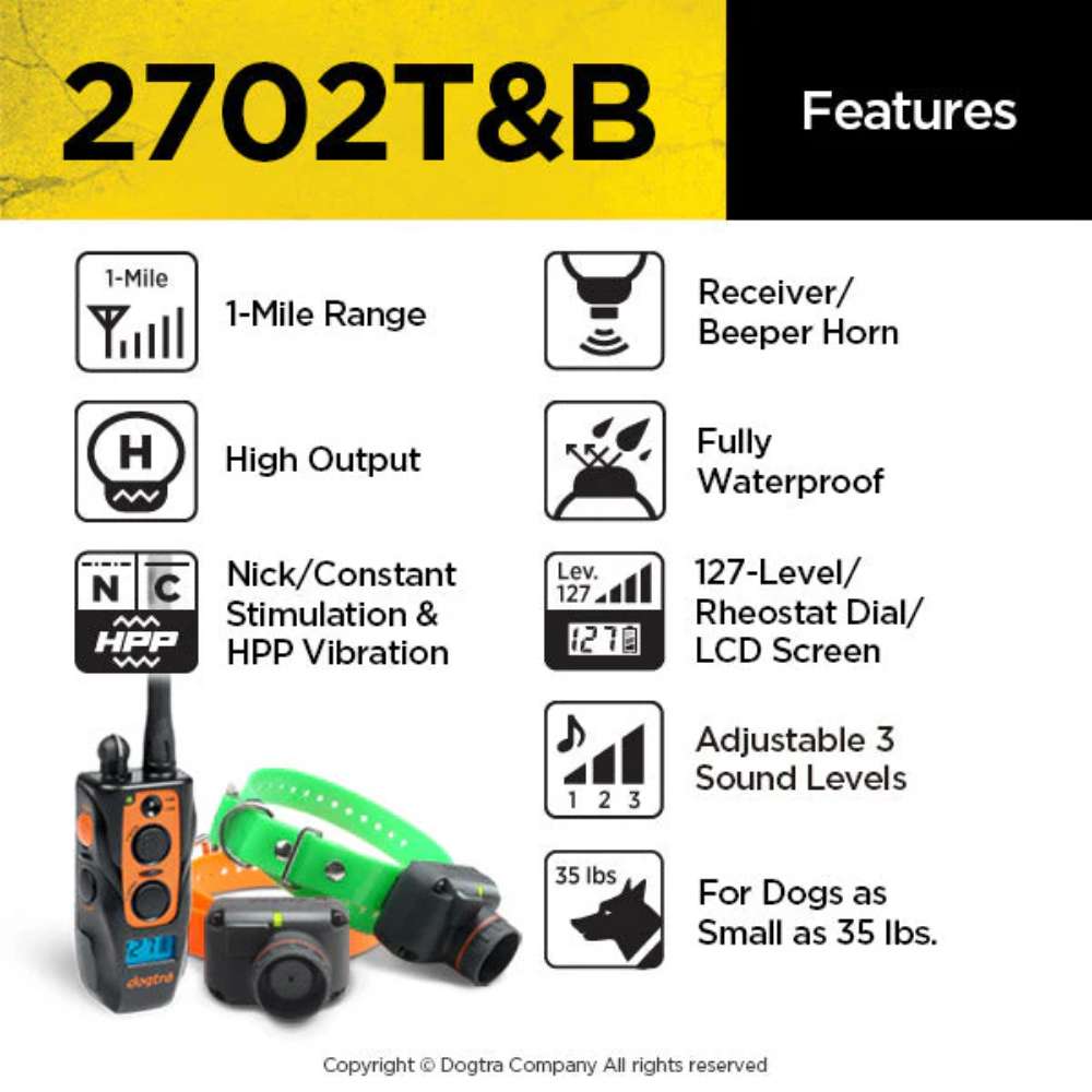 Fature chart of Dogtra 2702T&B Training and Beeper 1 Mile 2 Dog Remote Trainer shows icons for 1-mile range, waterproof design, vibration, and stimulation modes