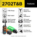Fature chart of Dogtra 2702T&B Training and Beeper 1 Mile 2 Dog Remote Trainer shows icons for 1-mile range, waterproof design, vibration, and stimulation modes