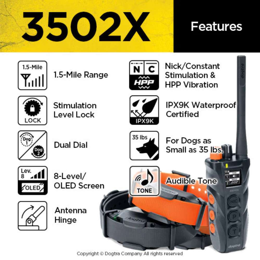Fature overview of Dogtra 3502X Dual System 1.5 Mile 2 Dog Remote Trainer Expandable shows long range, waterproof build, dual-dog control, and adjustable stimulation levels