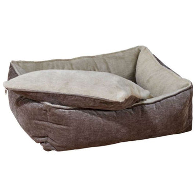 Fawn Bowsers B Lounge Dog Bed in fawn color with a removable plush cushion lifted to reveal the bed interior