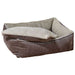 Fawn Bowsers B Lounge Dog Bed in fawn color with a removable plush cushion lifted to reveal the bed interior
