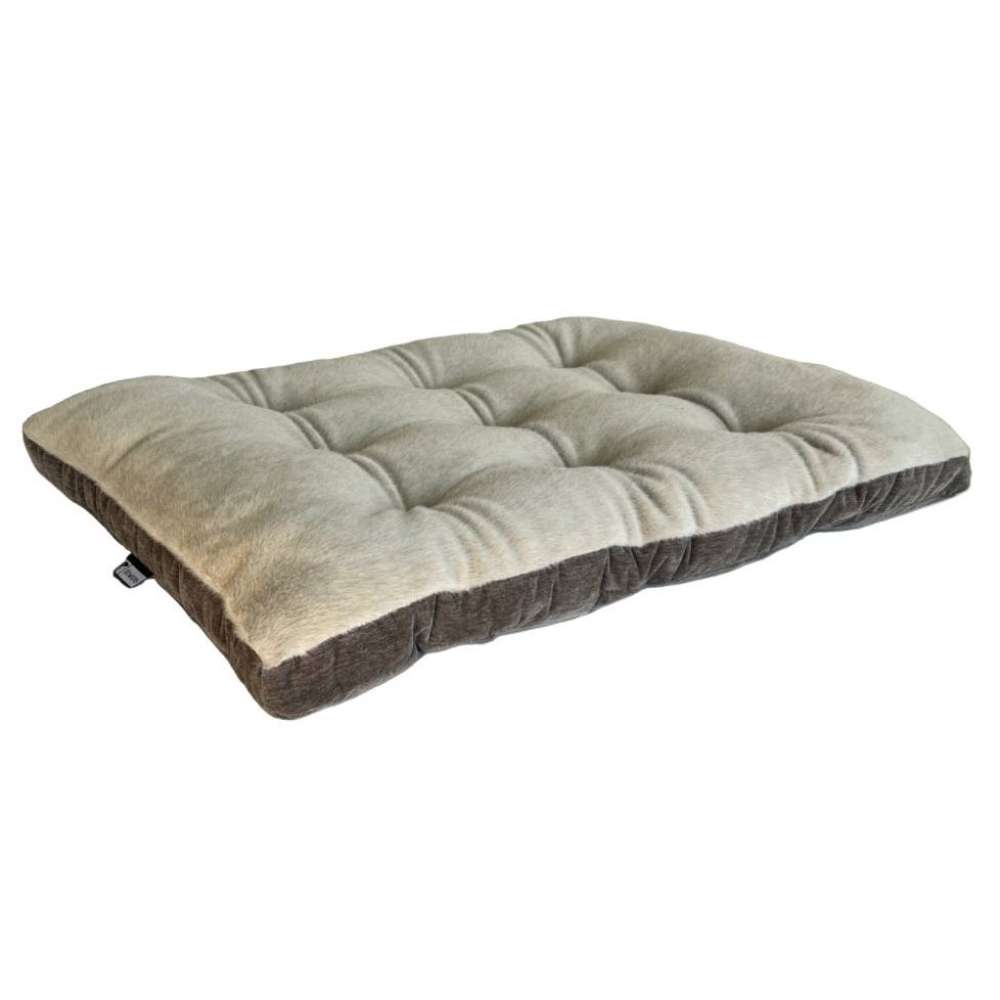 Fawn Bowsers Dream Futon Dog Bed in beige and brown fabric with supportive quilted padding