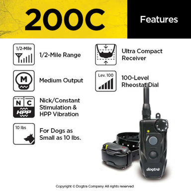 Feature graphic of Dogtra 200C Compact 1/2 Mile Remote Dog Trainer 1 Dog System highlights half-mile range, vibration modes, medium output, and use for small dogs