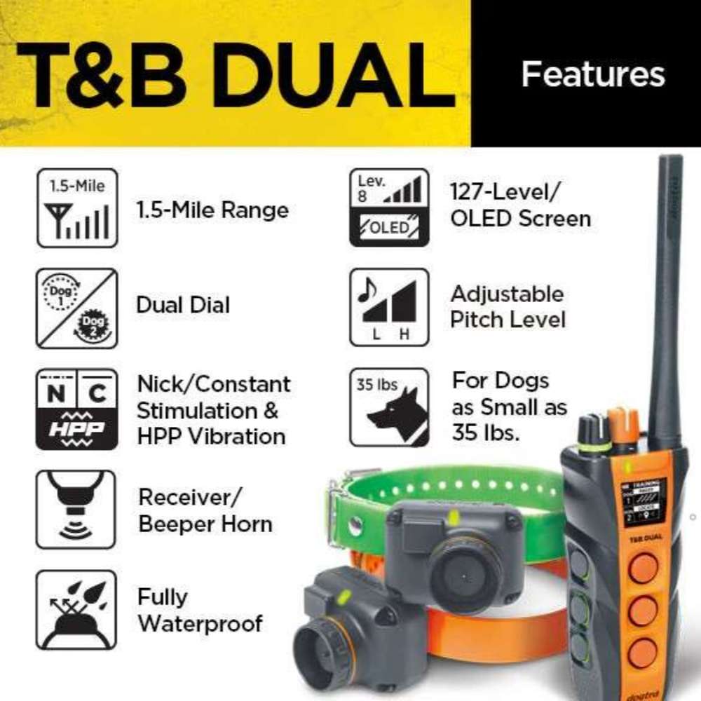 Feature graphic of Dogtra Train/Beep 1.5 Mile 2 Dog Remote Trainer highlights its 1.5-mile range, dual-dog control, waterproof build, and adjustable stimulation levels