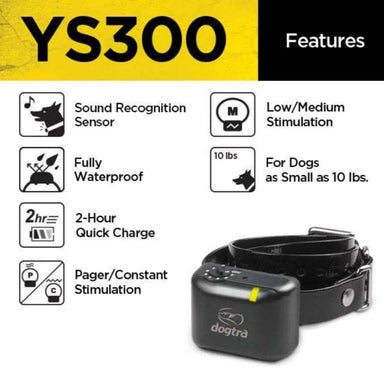 Feature graphic of Dogtra YS300 No Bark Collar for Small/Medium Dogs highlights sound recognition, waterproof design, quick charging, and adjustable stimulation