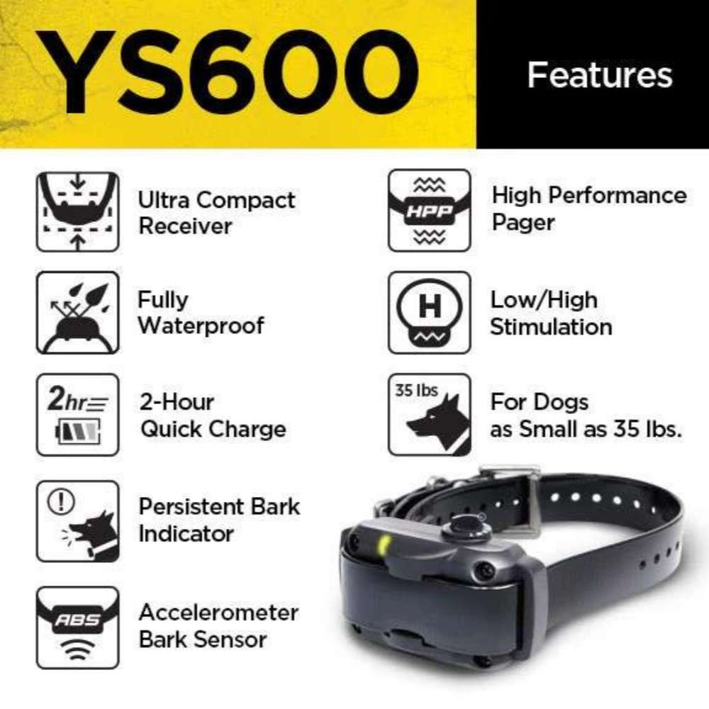 Feature graphic presents Dogtra YS600 No Bark Dog Collar with waterproof design, quick charge, bark sensor, and adjustable levels