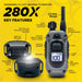 Feature infographic shows Dogtra 280X Remote Trainer 1 Dog System with labeled functions like ½-mile range, vibration, tone, and 100 stimulation levels