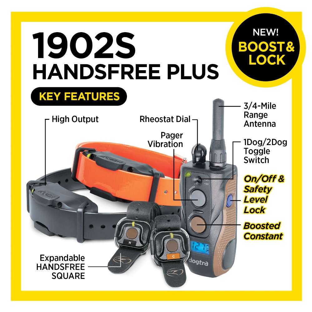 Feature overview highlights key parts and controls of Dogtra 1902S Handsfree Plus Boost & Lock Dog Remote Trainer, including dial, buttons, and collars