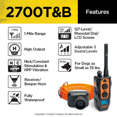 Feature overview of Dogtra 2700T&B Training and Beeper 1 Mile Dog Remote Trainer highlights 1-mile range, waterproof design, vibration, sound levels, and use for dogs over 35 lbs