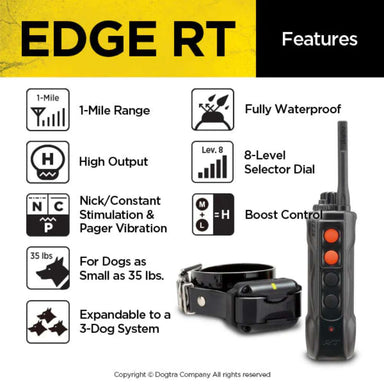 Feature overview of Dogtra EDGE RT 1 Mile Expandable Dog Remote Trainer highlights its 1-mile range, waterproof build, multiple stimulation modes, and multi-dog support