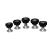 Five Security Boss MaxSeal Flap Thumbscrews of varying heights, featuring black knurled knobs and silver threaded bases, aligned in a row