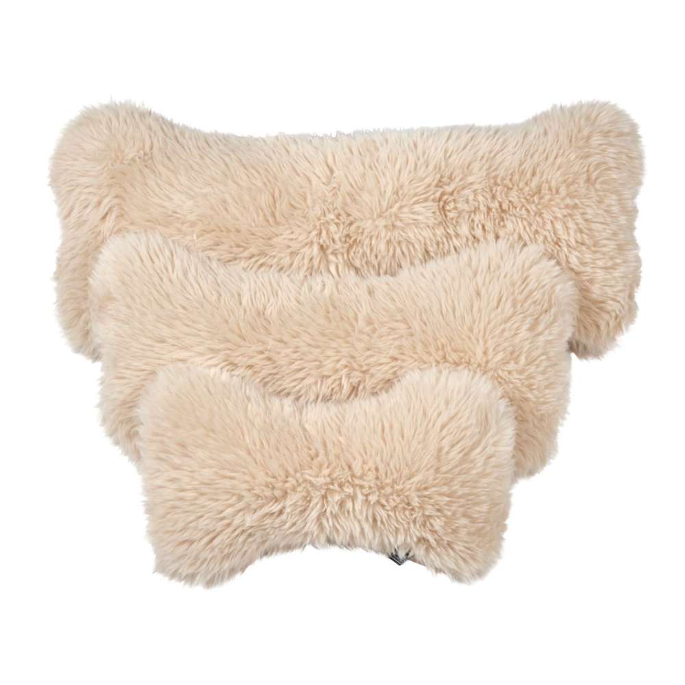Fluffernutter Bowsers Bumper Bone Pillow cream fluffy bone-shaped dog toys displayed together in three soft plush sizes