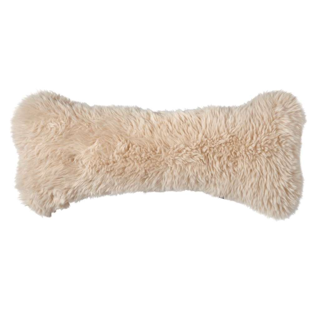 Fluffernutter Bowsers Bumper Bone Pillow cream shaggy plush dog toy with a cozy bone-shaped design on a plain background