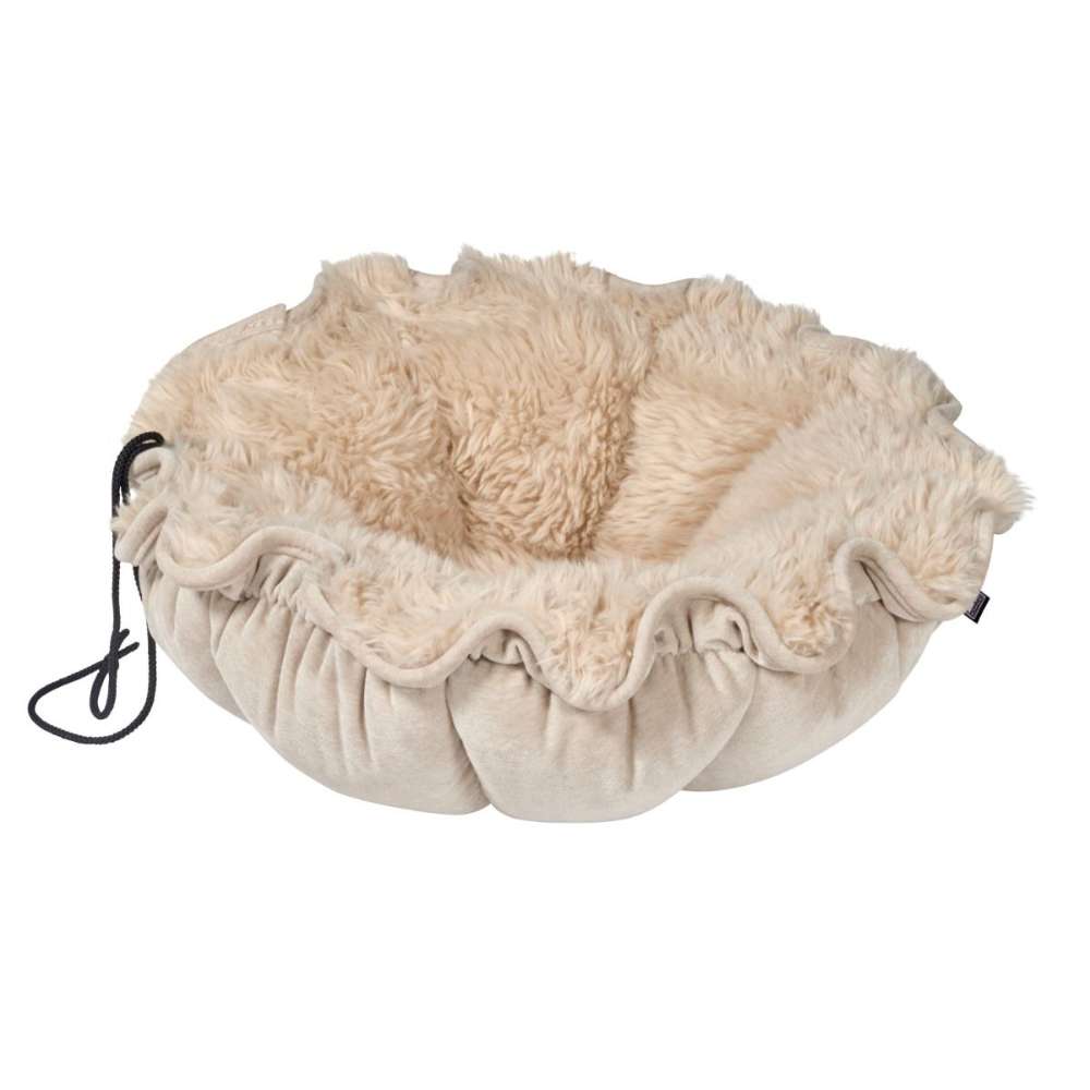 Fluffernutter Bowsers Buttercup Dog Bed in beige faux fur with fluffy raised edges and a cozy round shape