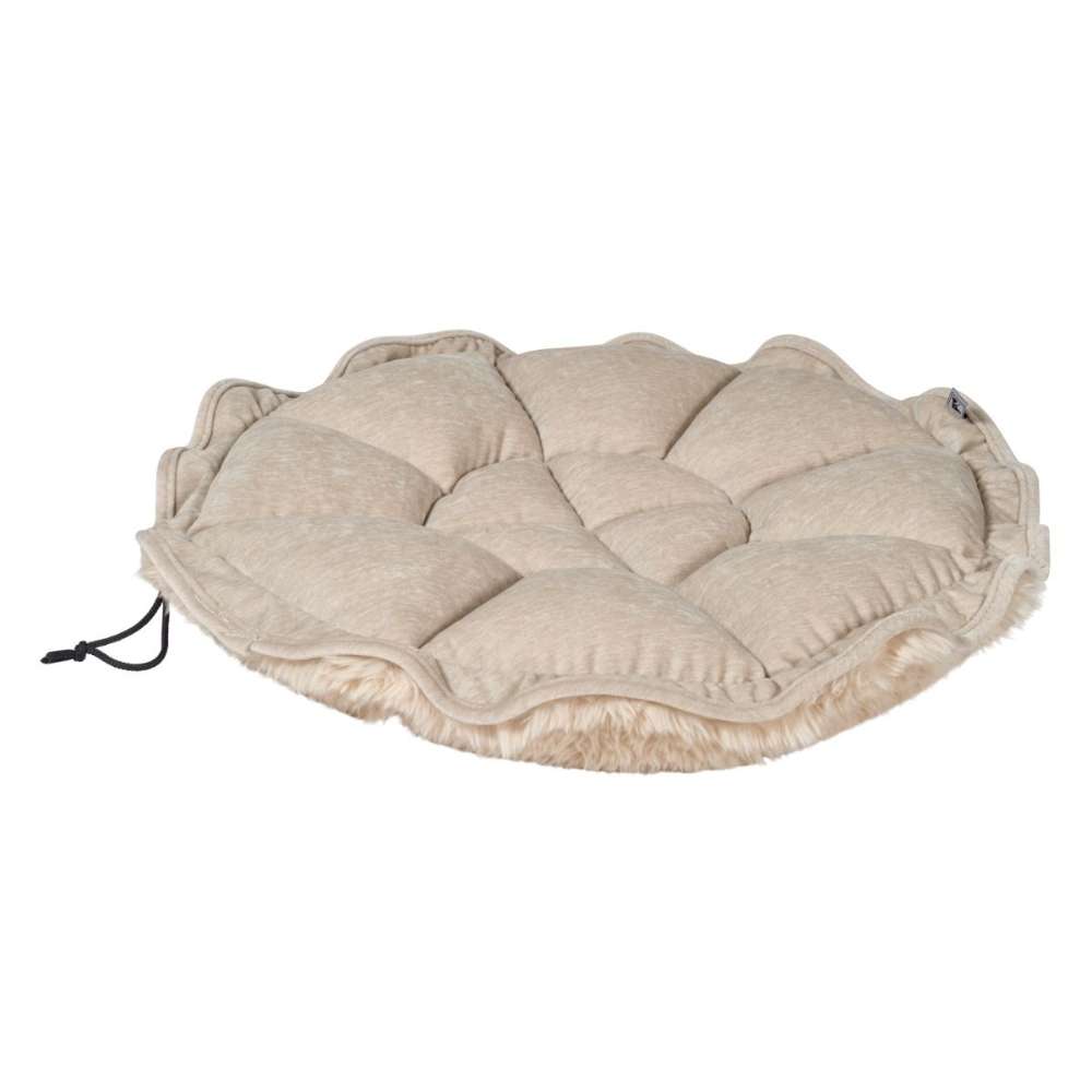 Fluffernutter Bowsers Buttercup Dog Bed unfolded into a flat beige cushion with soft quilted padding and plush trim
