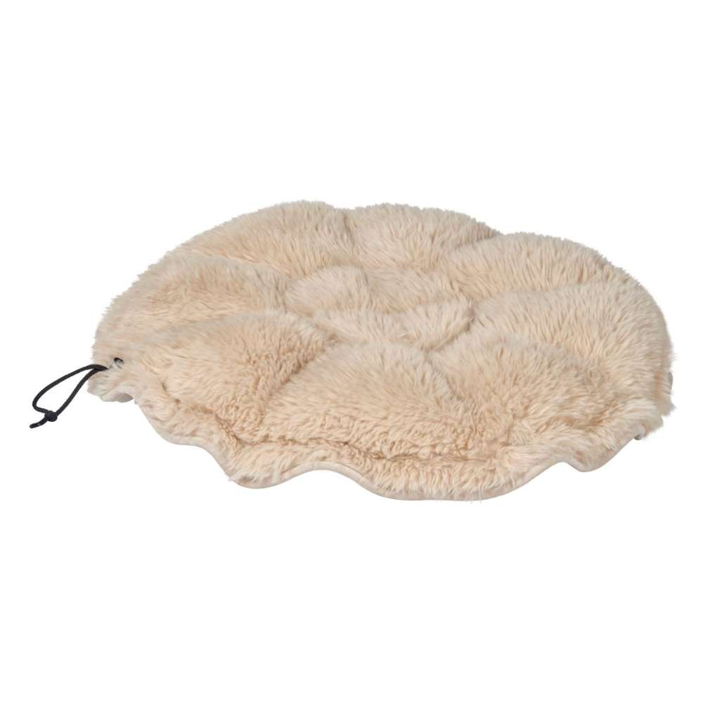 Fluffernutter Bowsers Buttercup Dog Bed unfolded into a flat beige faux fur cushion with soft padded sections
