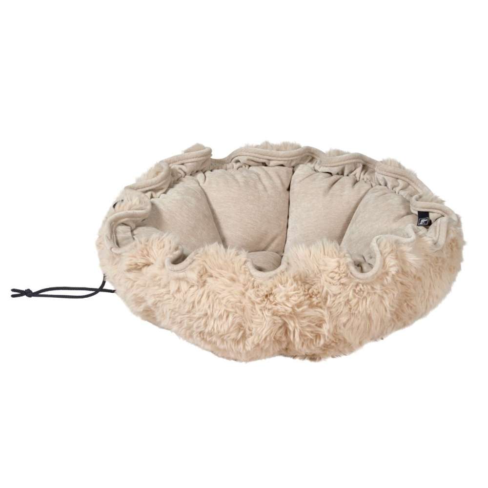 Fluffernutter Bowsers Buttercup Dog Bed with shaggy beige faux fur, cushioned bolsters, and a warm nesting design