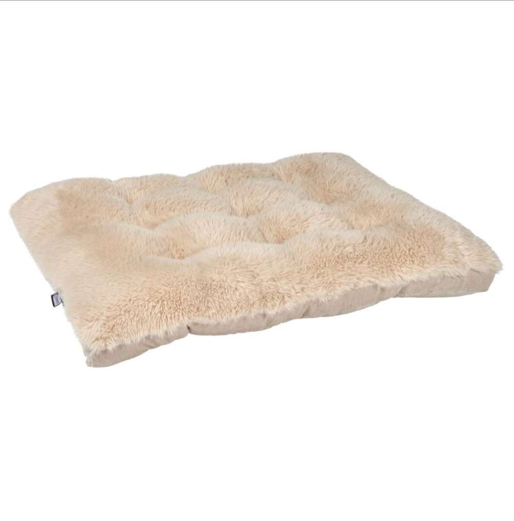 Fluffernutter Bowsers Dream Futon Dog Bed in cream faux fur with deep cushioned tufts