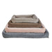 Four stacked sizes of Bowsers Tango Multi Dog Bed are displayed in gray, pink, brown, and beige fabric options