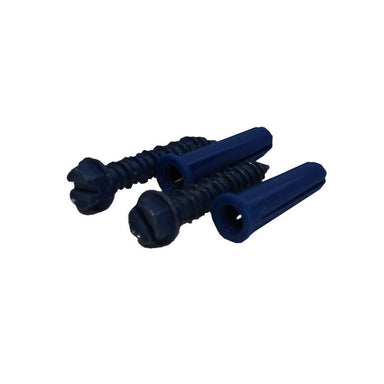 Four Security Boss Tapcon Concrete Screws with blue plastic anchors on a white background.