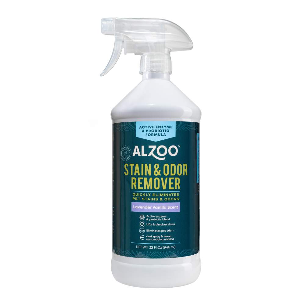 Front label of the ALZOO Enzyme-Based Stain & Odor Remover Spray 32oz - Lavender Vanilla