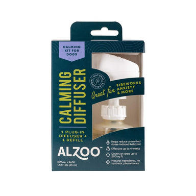 Front of the ALZOO Plant-Based Calming Diffuser Kit for Dogs box shows the diffuser and refill inside the packaging