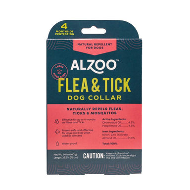 Front of the ALZOO Plant-Based Flea & Tick Collar for Large Dog packaging, highlighting its natural ingredients and four months of protection