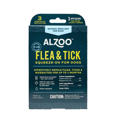 Front of the packaging for ALZOO Plant-Based Flea & Tick Squeeze-On for Dogs