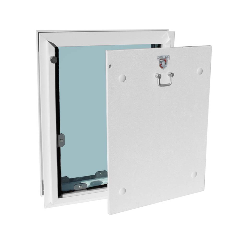 Front view of the Security Boss MaxSeal In-Glass Dog Door with the door panel detached, highlighting the clear opening for pet access