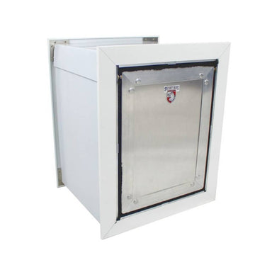 Front view of the Security Boss SB72W Wall Mount Insulating Dog Door with a silver metallic door, securely framed in a white wall mount