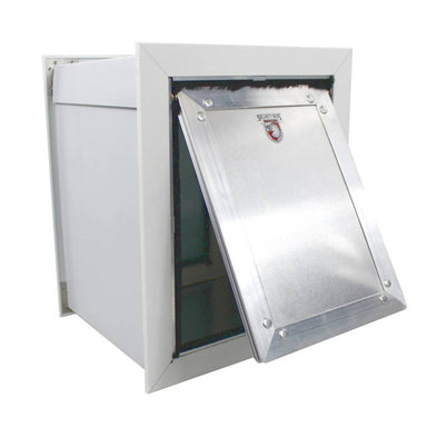 Front view of the Security Boss SB72W Wall Mount Insulating Dog Door with the silver metallic door partially open, revealing the interior