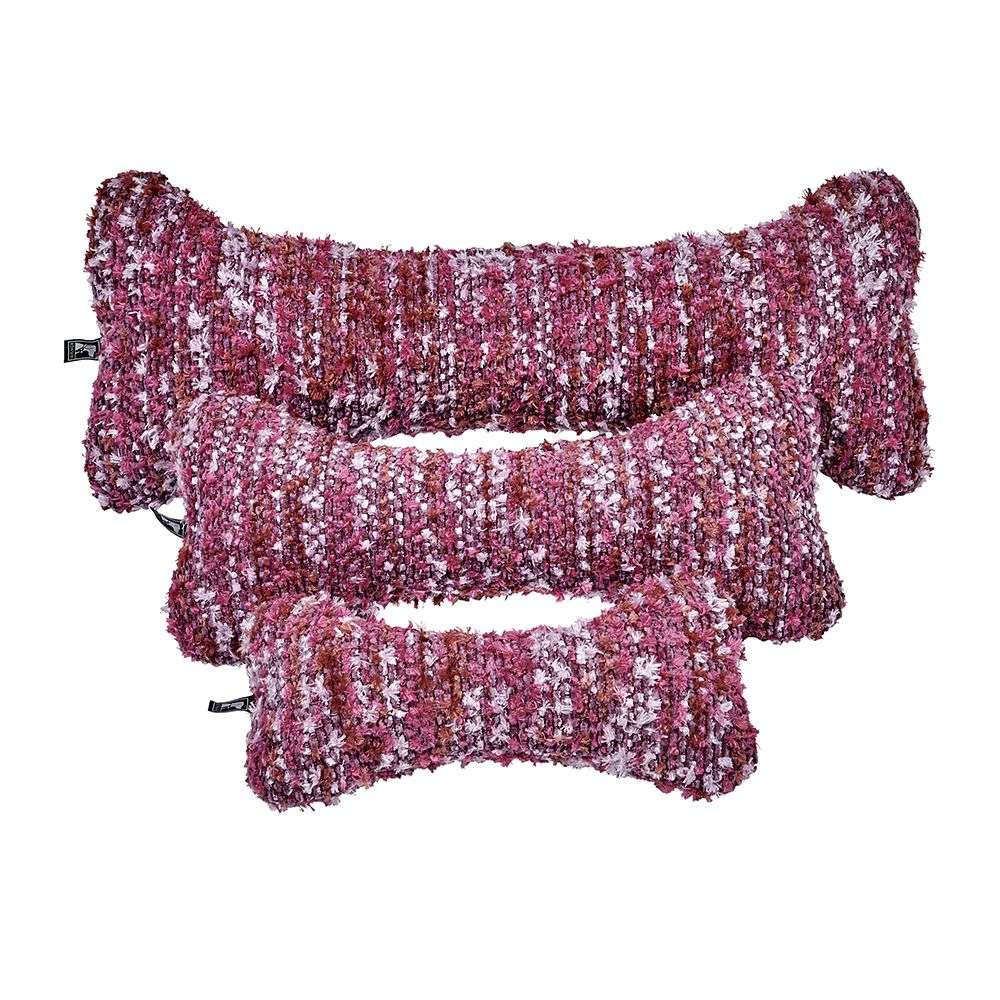 Fuchsia Fiesta Bowsers Bumper Bone Pillow pink textured plush dog toys arranged in three different bone-shaped sizes