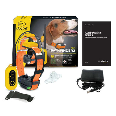 Full kit display shows Dogtra GPS Pathfinder2 E-Collar 9 Mile Range with an orange collar, handheld remote, charger, and product packaging