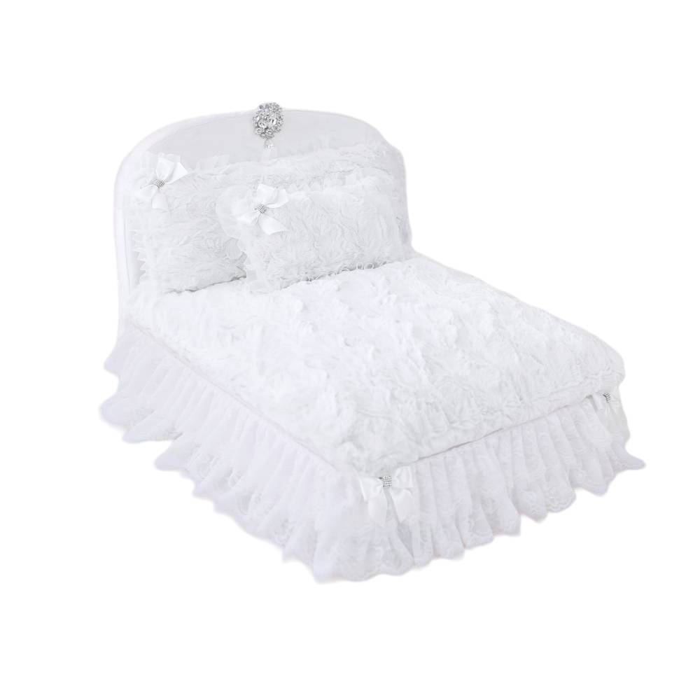 Full view of the Hello Doggie Enchanted Nights Dog Bed in white, showcasing an elegant design with fluffy cushions, ruffled edges, and a sparkling decorative brooch at the headboard