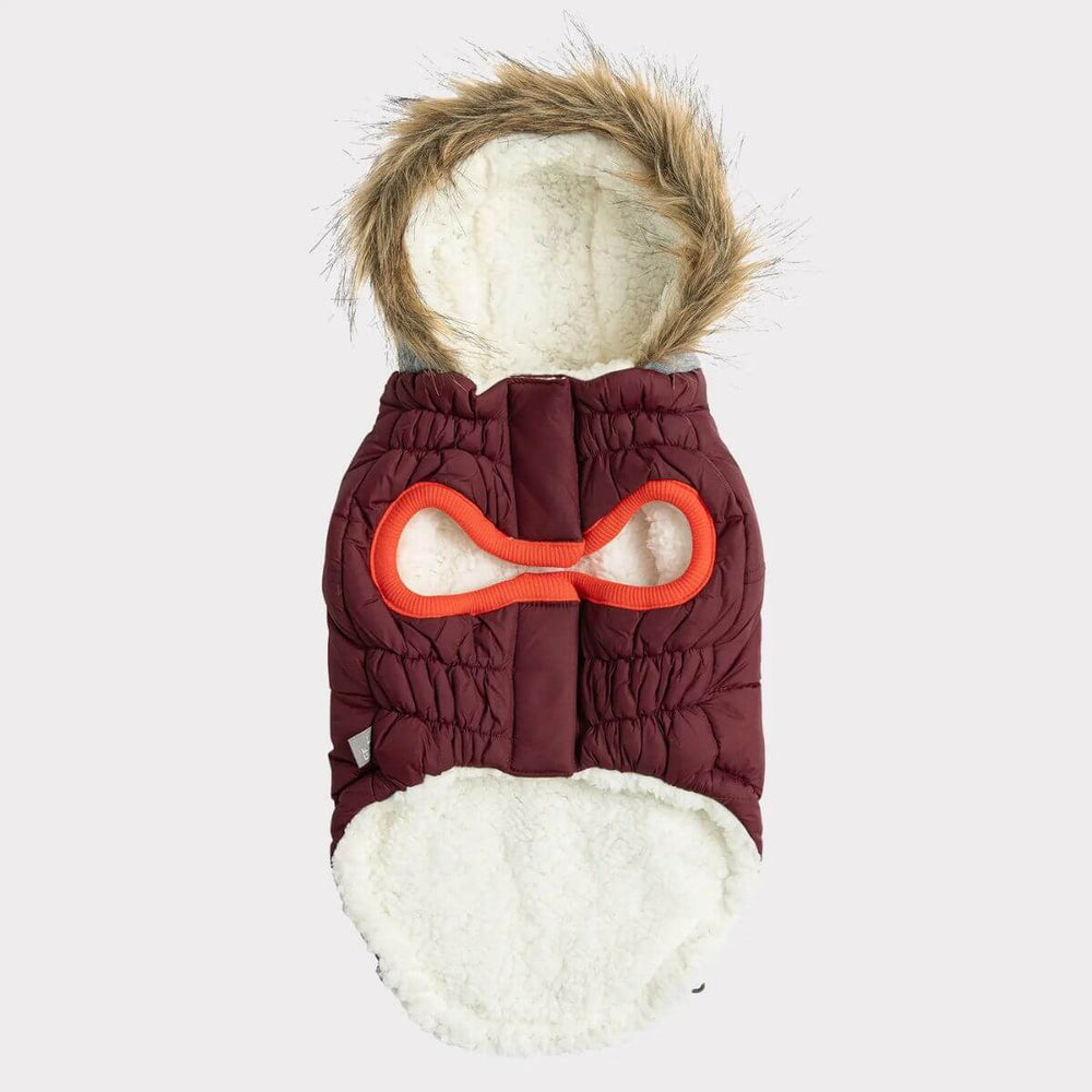 GF PET Winter Sailor Dog Parka Burgundy Vegan Fur Lined Fleece Hood