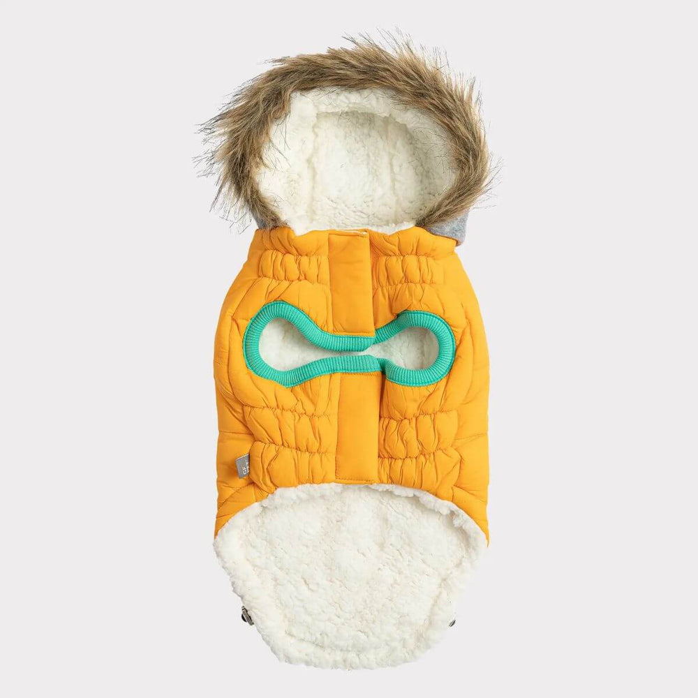 GF PET Winter Sailor Dog Parka Yellow Vegan Fur Lined Fleece Hood