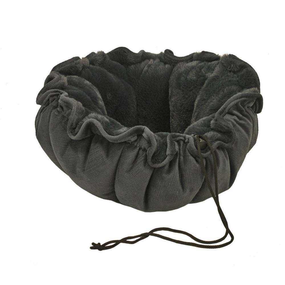 Galaxy Bowsers Buttercup Dog Bed in dark charcoal fabric with fluffy plush lining and a cozy gathered nesting shape