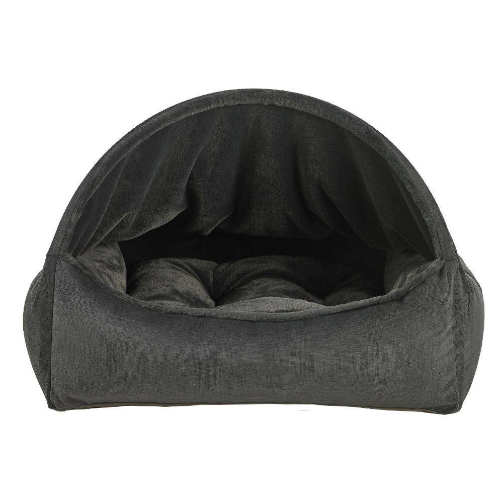 Galaxy Bowsers Canopy Dog Bed in dark gray features an empty plush interior under a rounded cave-style canopy