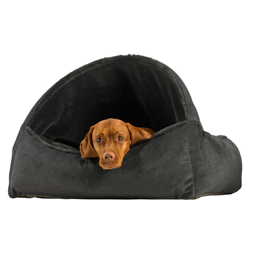 Galaxy Bowsers Canopy Dog Bed in dark gray shows a brown dog peeking from the cozy covered opening